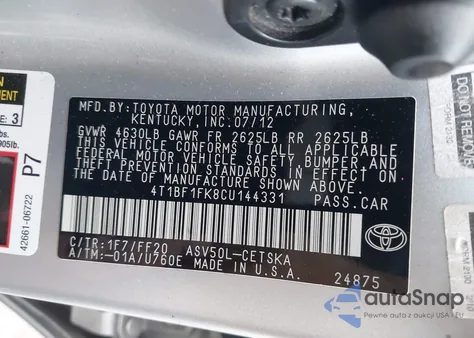 2012 Toyota Camry Se z USA, uszkodzony, nr VIN 4T1BF1FK8CU144331